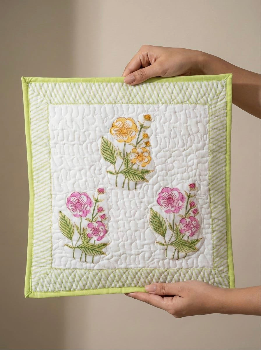 Pure cotton hand block printed quilted cushion covers 16x16 inches (Set of 5)