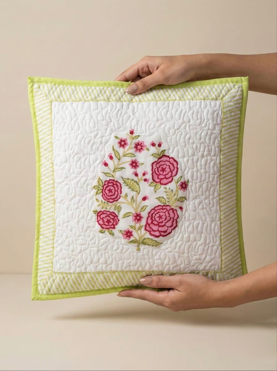 Pure cotton hand block printed quilted cushion covers 16x16 inches (Set of 5)