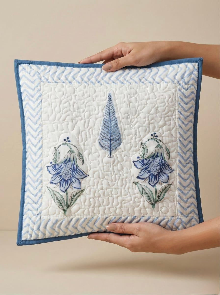 Pure cotton hand block printed quilted cushion covers 16x16 inches (Set of 5)