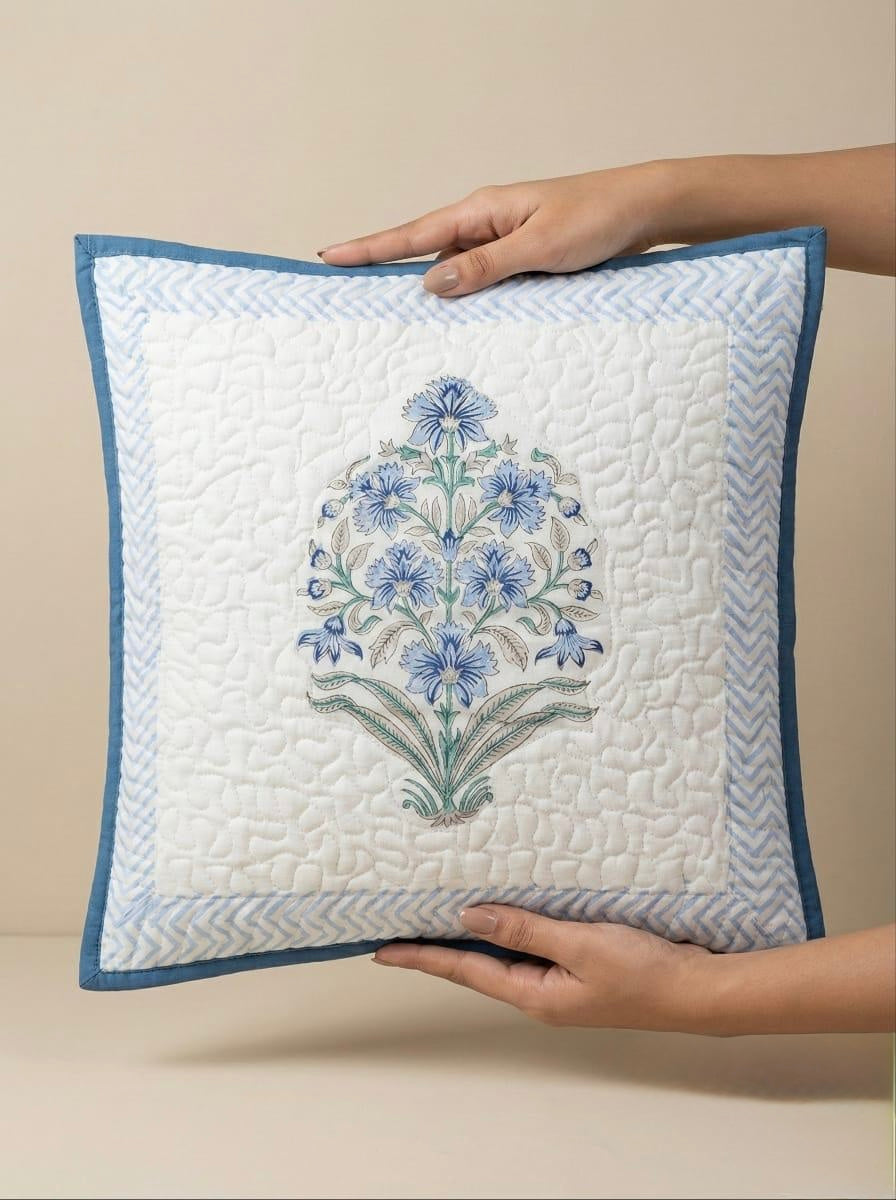 Pure cotton hand block printed quilted cushion covers 16x16 inches (Set of 5)