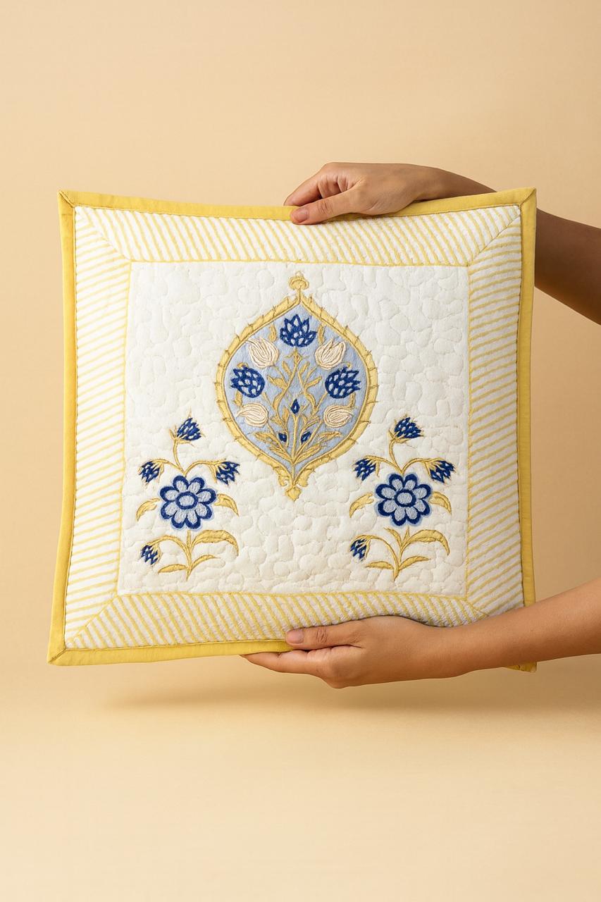 Pure cotton hand block printed quilted cushion covers 16x16 inches (Set of 5)