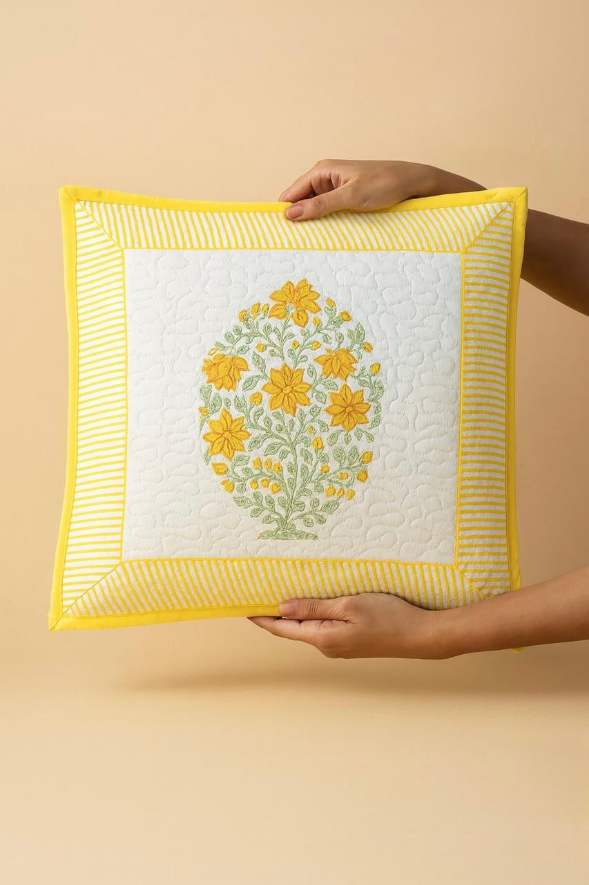 Pure cotton hand block printed quilted cushion covers 16x16 inches (Set of 5)