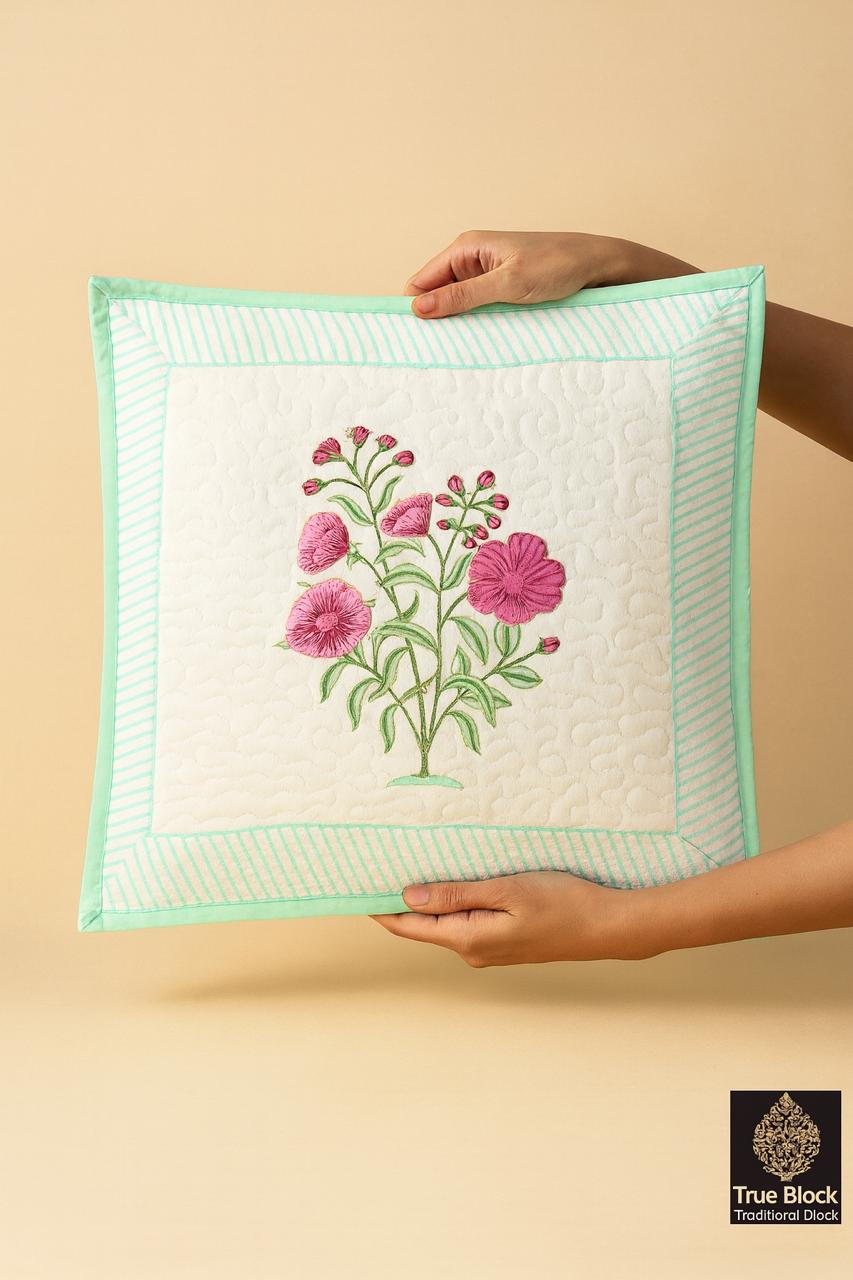 Pure cotton hand block printed quilted cushion covers 16x16 inches (Set of 5)