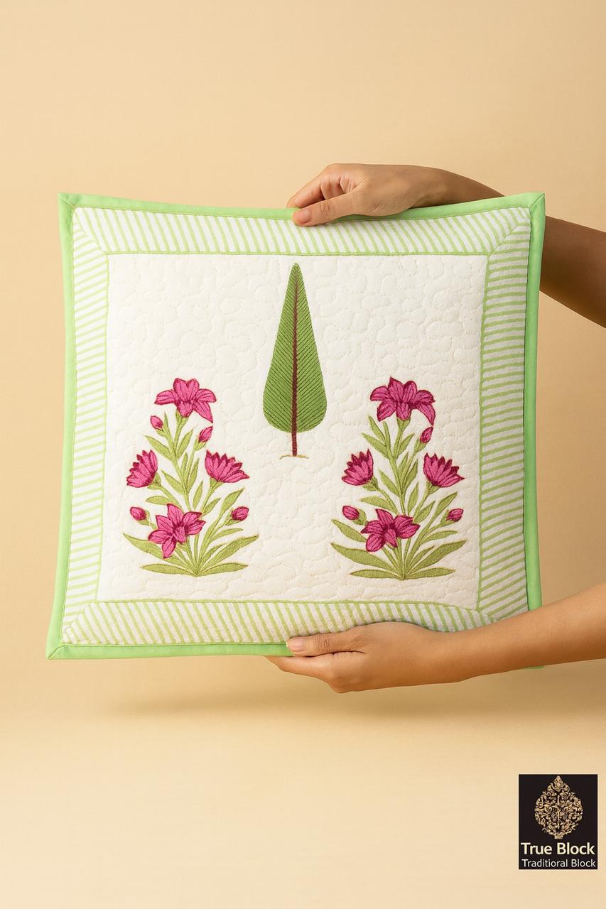 Pure cotton hand block printed quilted cushion covers 16x16 inches (Set of 5)