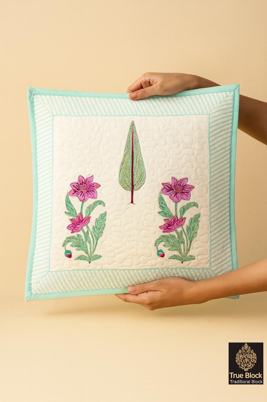 Pure cotton hand block printed quilted cushion covers 16x16 inches (Set of 5)