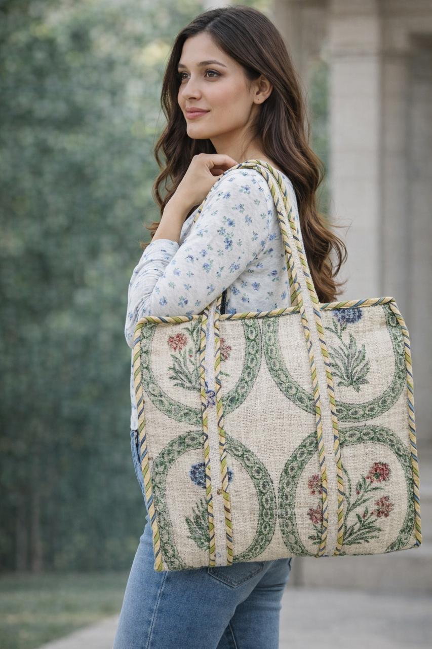 Pure cotton jute textured hand-block printed large tote bags (18x18 inches)