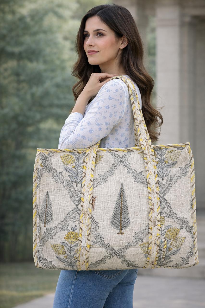 Pure cotton jute textured hand-block printed large tote bags (18x18 inches)
