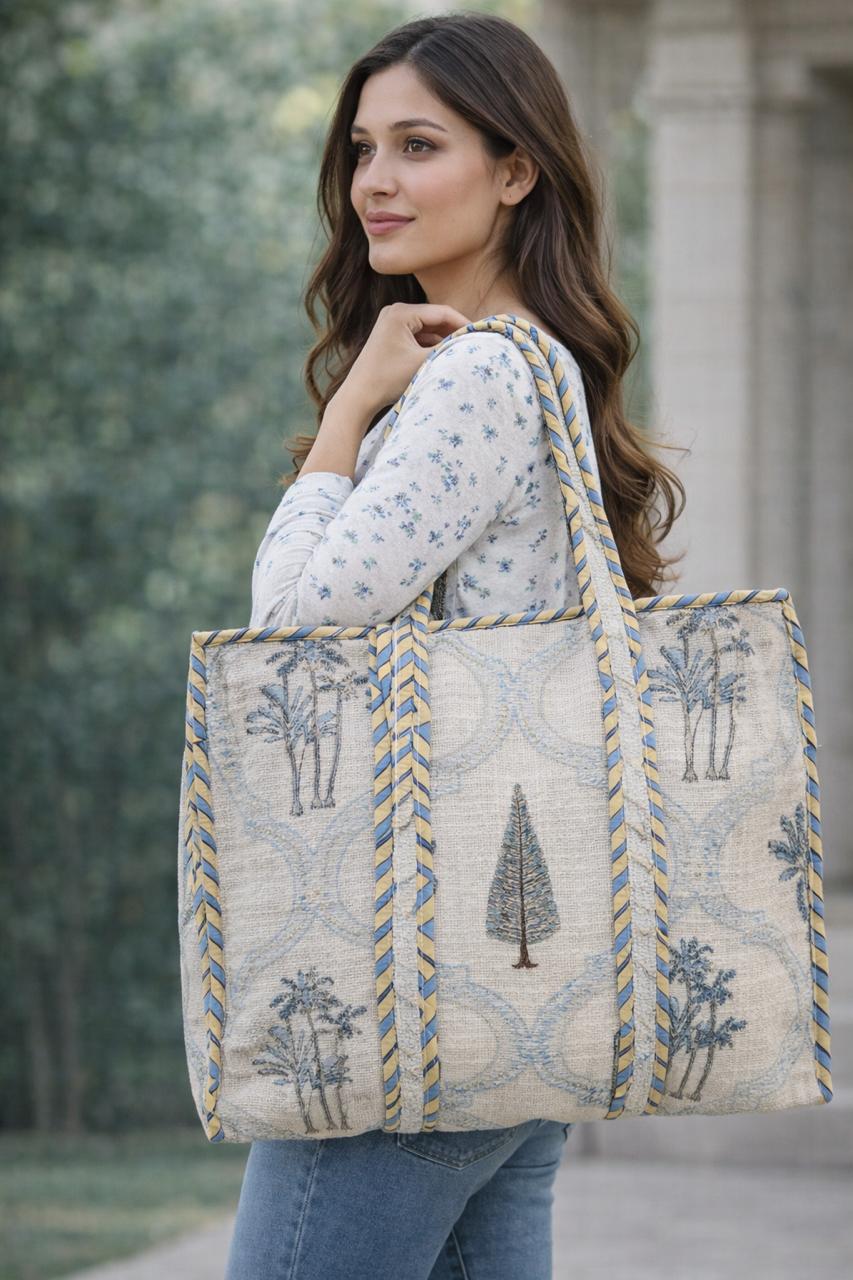 Pure cotton jute textured hand-block printed large tote bags (18x18 inches)