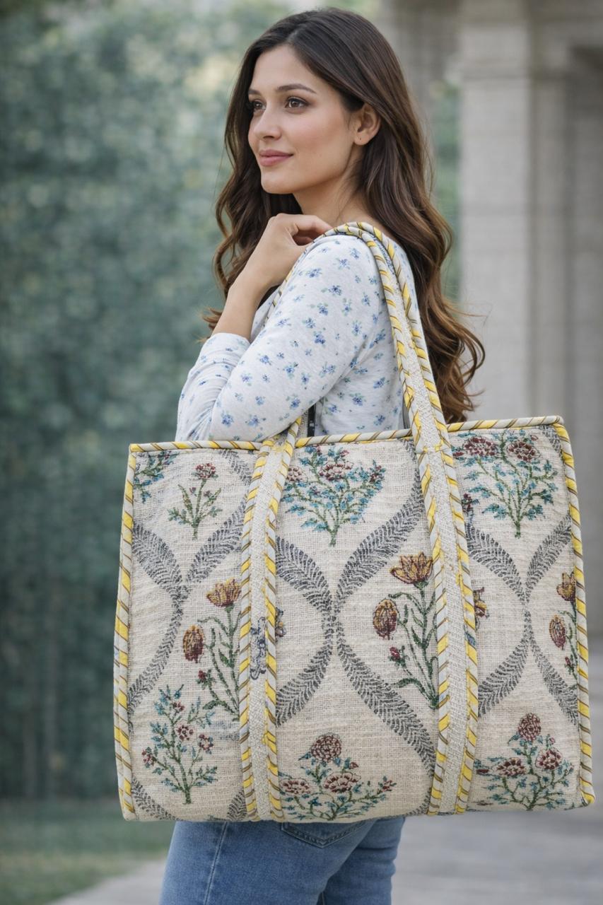 Pure cotton jute textured hand-block printed large tote bags (18x18 inches)