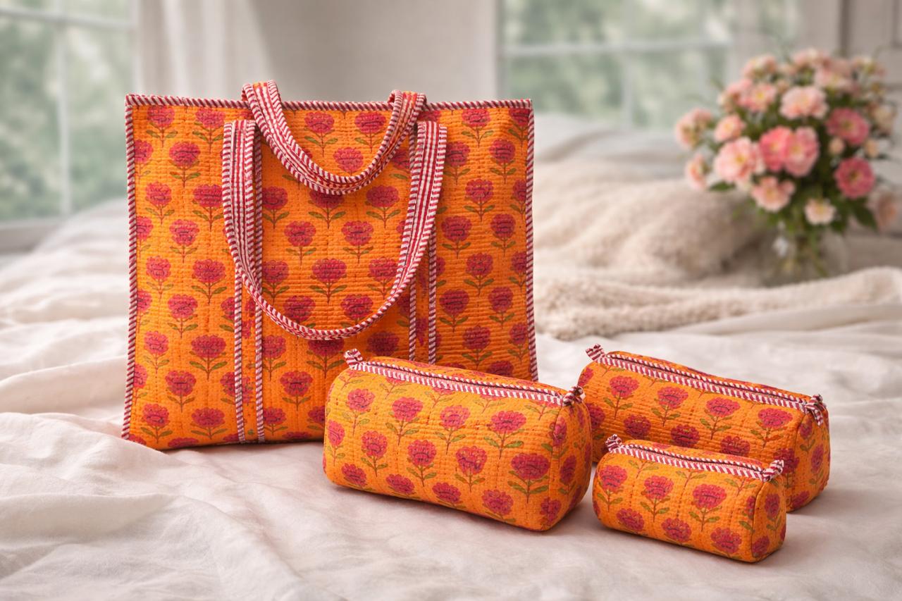Pure cotton 1 tote and 3 utility pouch combos