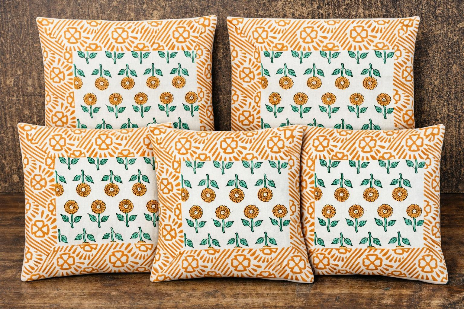 Pure cotton hand-block printed set of 5 small cushion covers (12x12 inches)