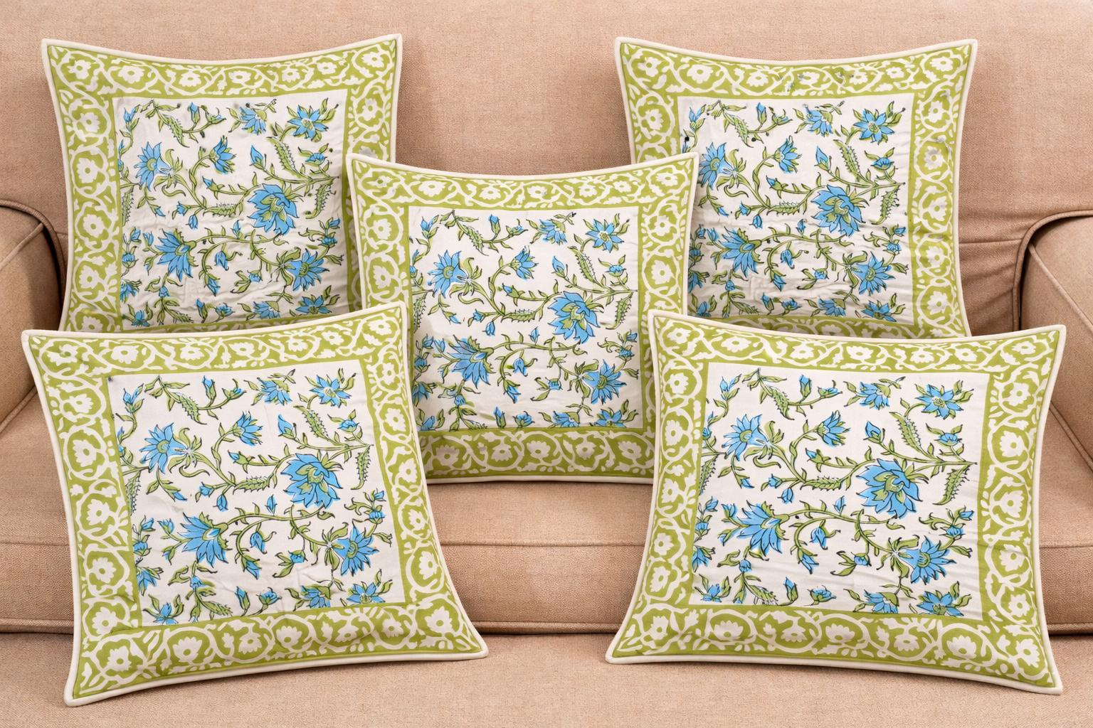 Pure cotton hand-block printed set of 5 small cushion covers (12x12 inches)