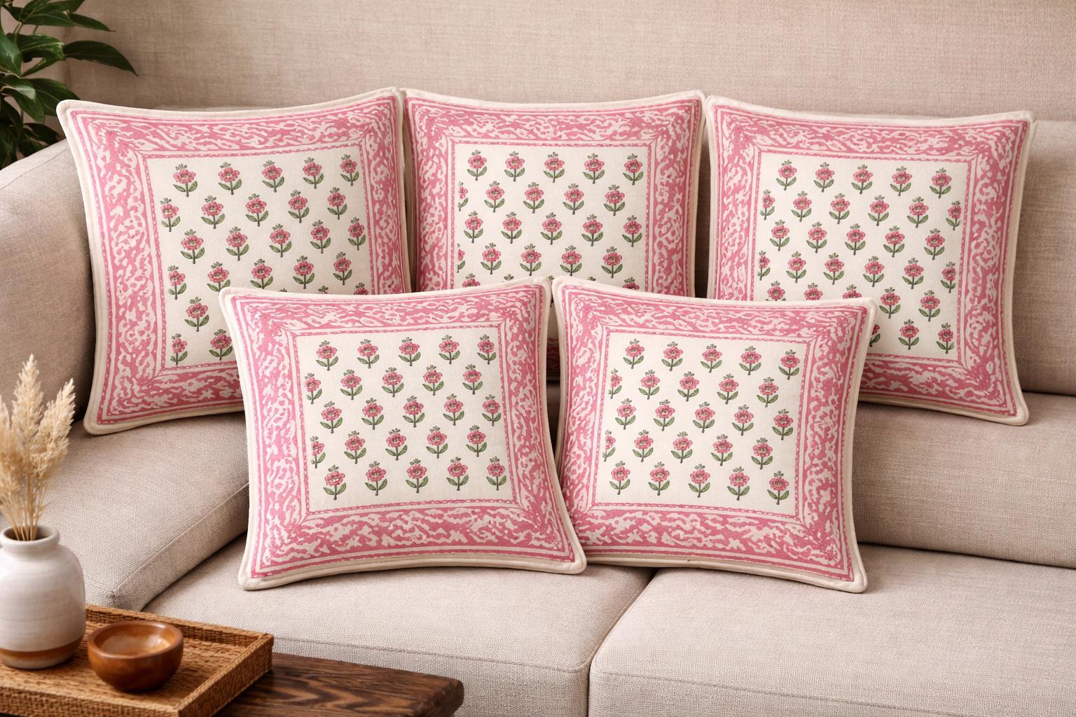 Pure cotton hand-block printed set of 5 small cushion covers (12x12 inches)