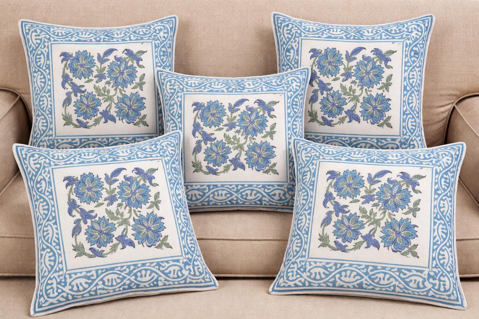 Pure cotton hand-block printed set of 5 small cushion covers (12x12 inches)