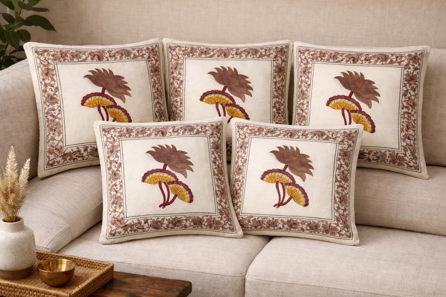 Pure cotton hand-block printed set of 5 small cushion covers (12x12 inches)