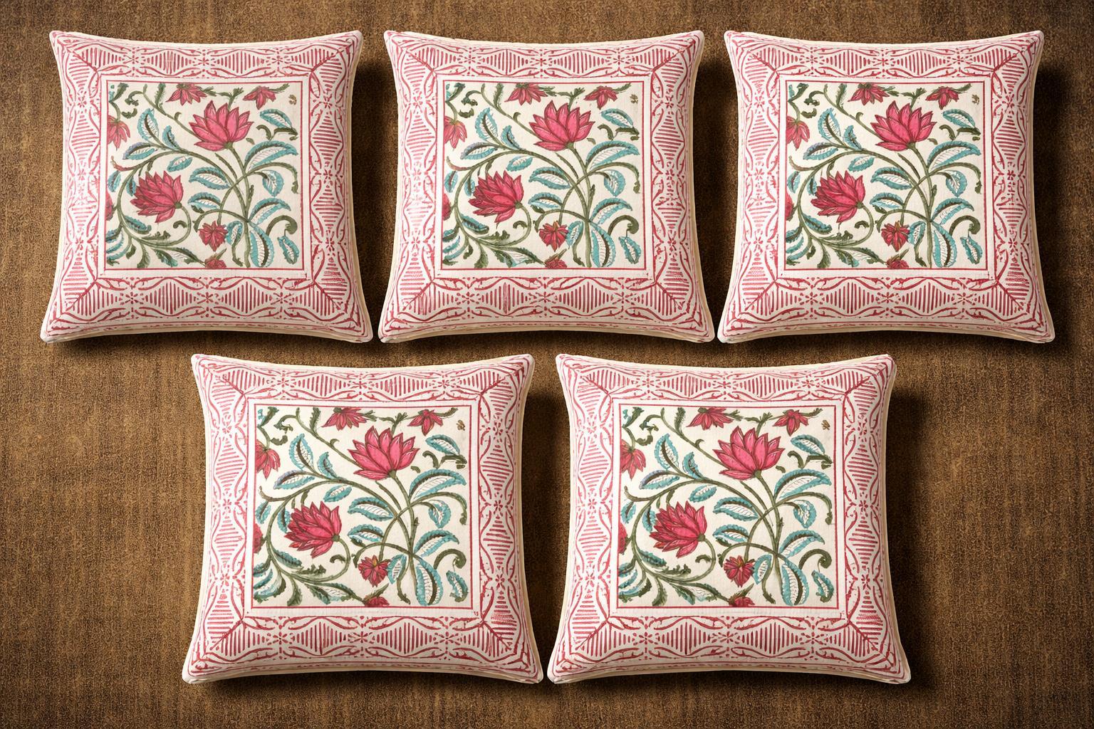 Pure cotton hand-block printed set of 5 small cushion covers (12x12 inches)