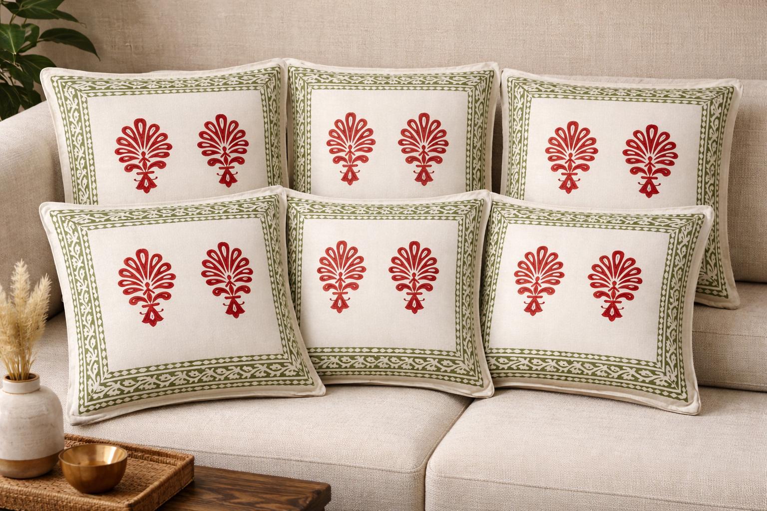 Pure cotton hand-block printed set of 5 small cushion covers (12x12 inches)