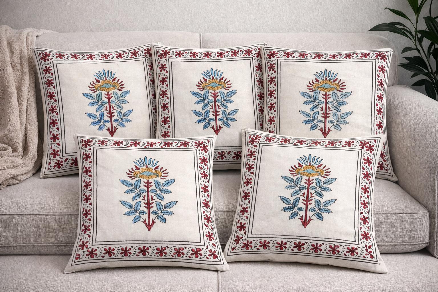 Pure cotton hand-block printed set of 5 small cushion covers (12x12 inches)