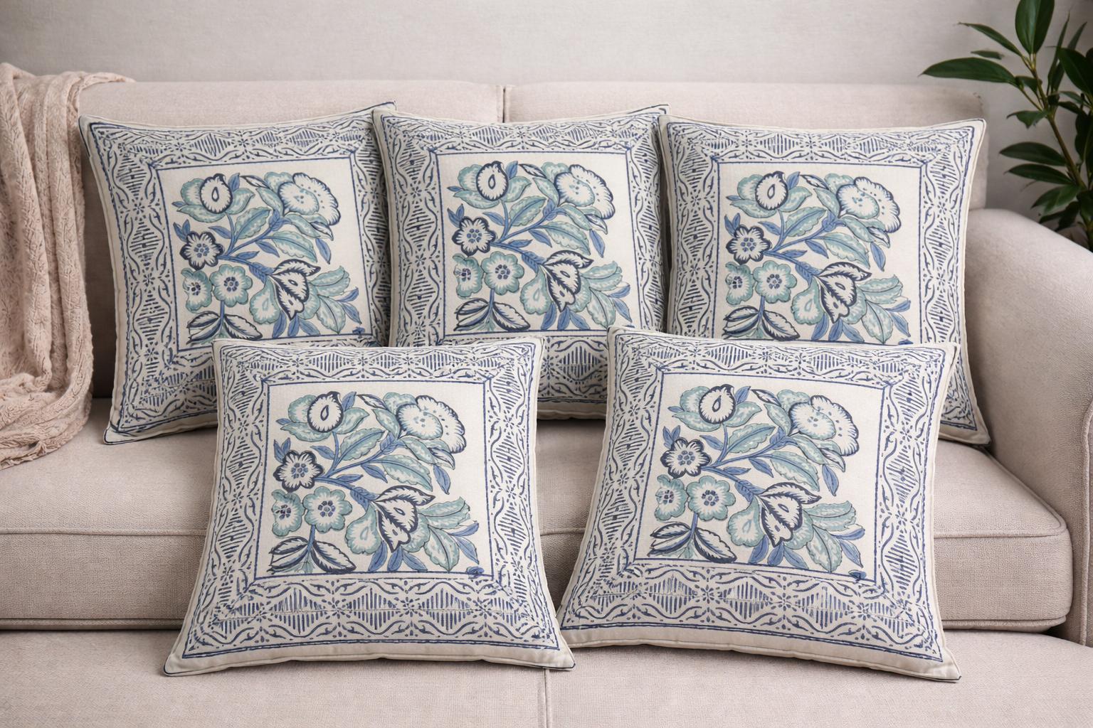 Pure cotton hand-block printed set of 5 small cushion covers (12x12 inches)