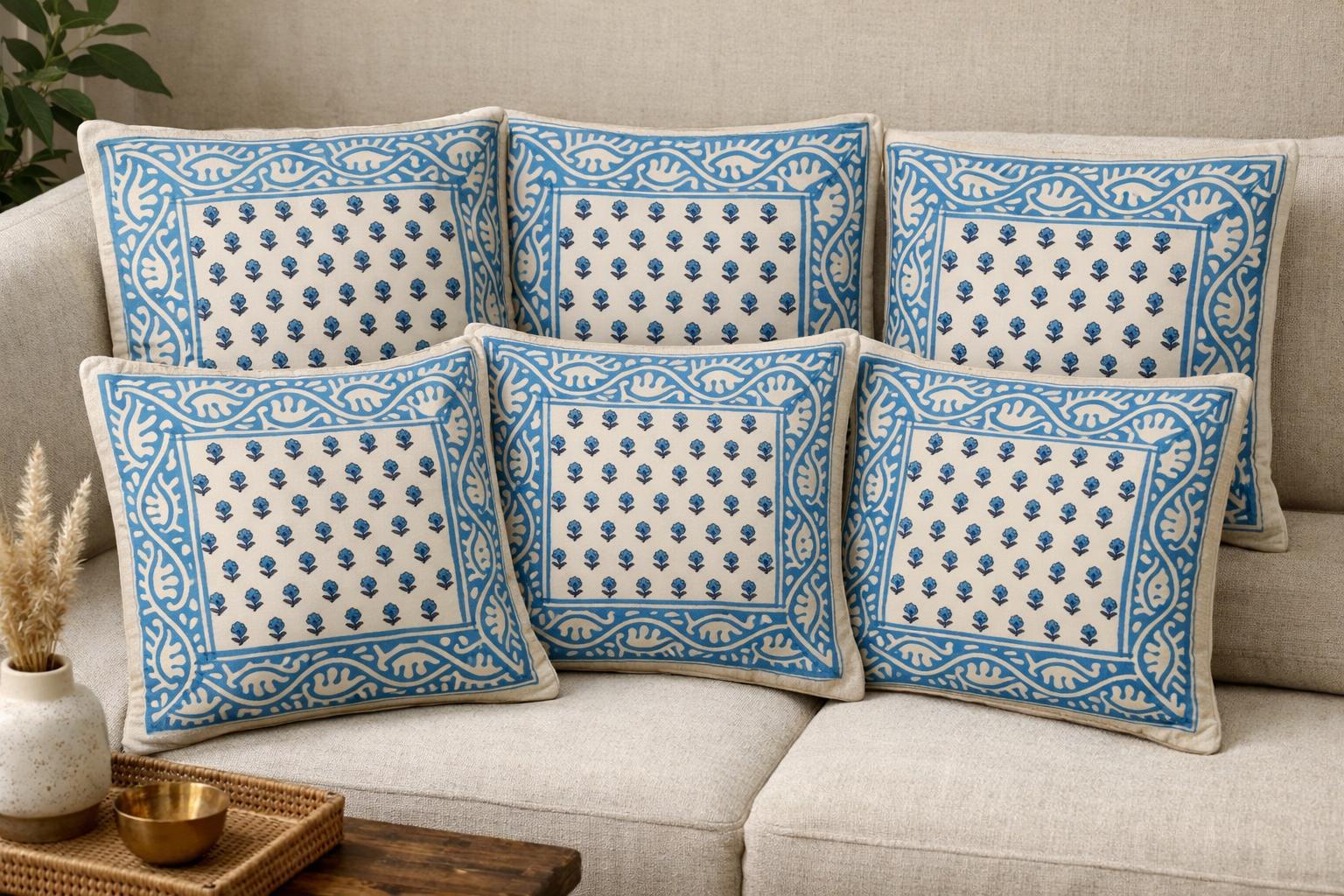 Pure cotton hand-block printed set of 5 small cushion covers (12x12 inches)