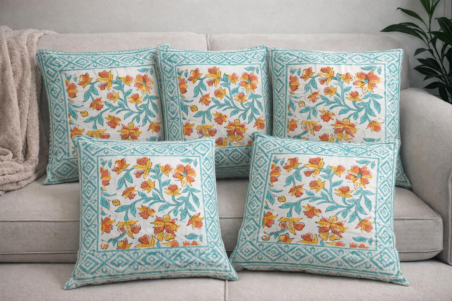 Pure cotton hand-block printed set of 5 small cushion covers (12x12 inches)