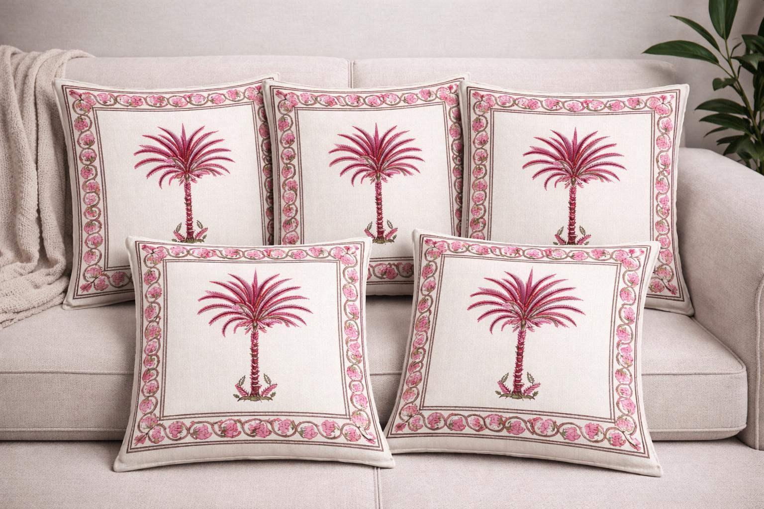 Pure cotton hand-block printed set of 5 small cushion covers (12x12 inches)