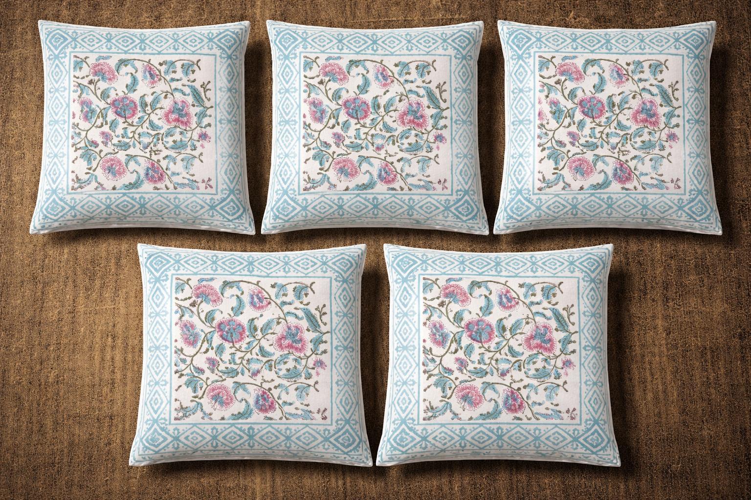 Pure cotton hand-block printed set of 5 small cushion covers (12x12 inches)