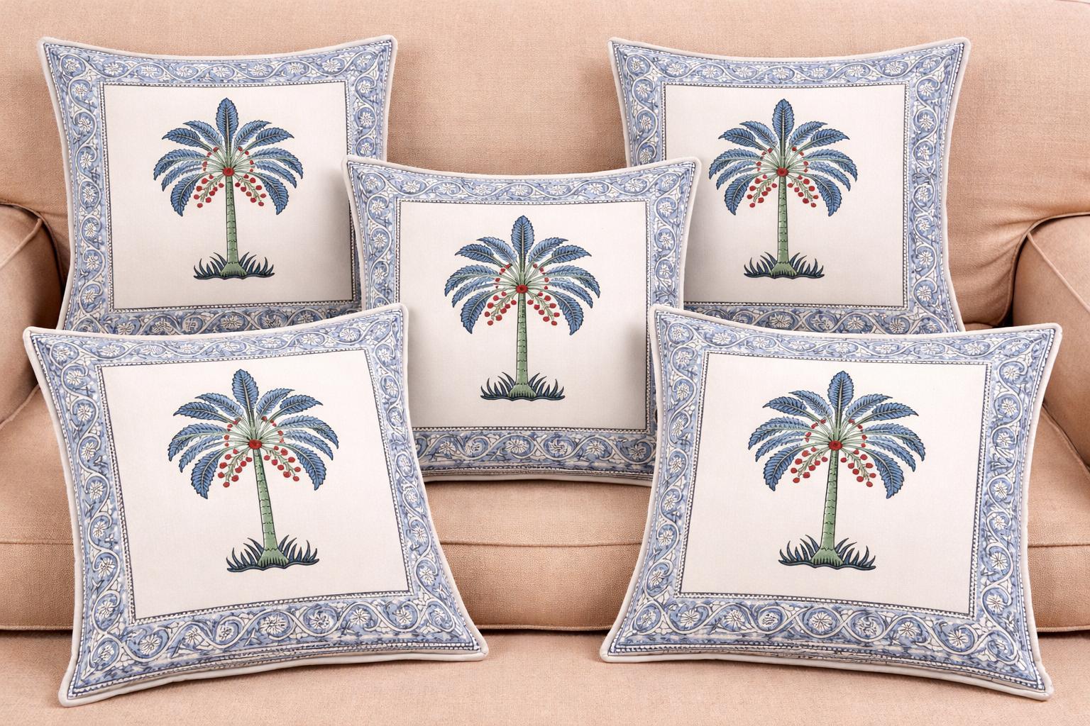 Pure cotton hand-block printed set of 5 small cushion covers (12x12 inches)