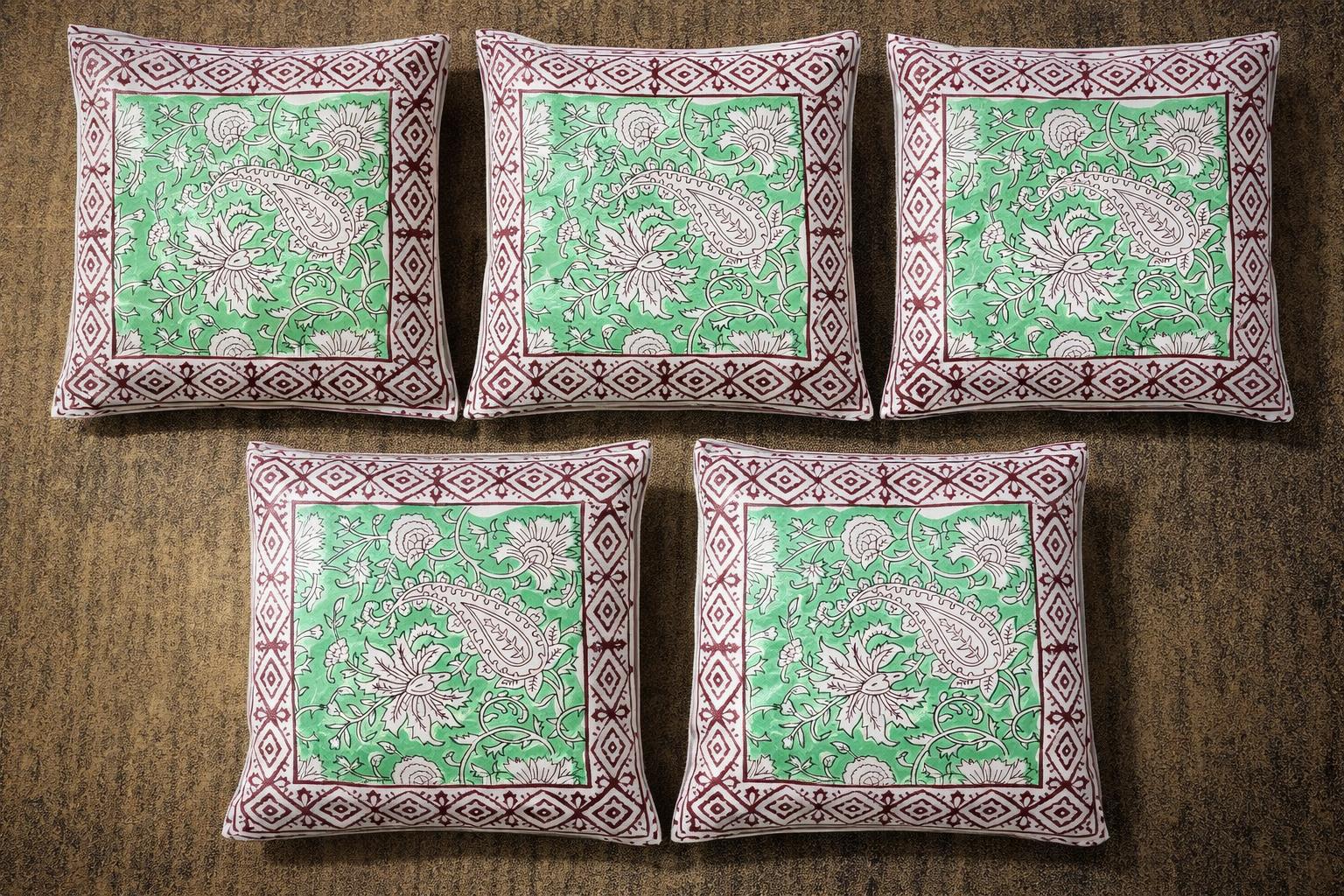 Pure cotton hand-block printed set of 5 small cushion covers (12x12 inches)