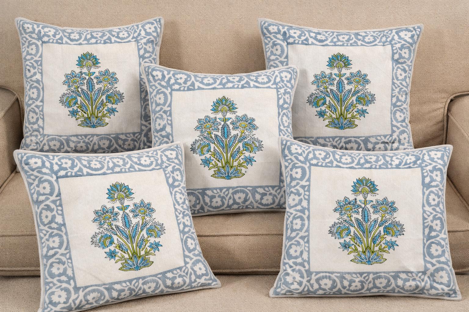 Pure cotton hand-block printed set of 5 small cushion covers (12x12 inches)