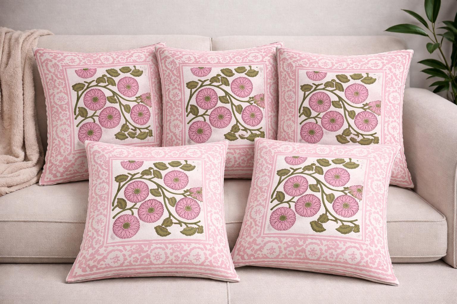 Pure cotton hand-block printed set of 5 small cushion covers (12x12 inches)