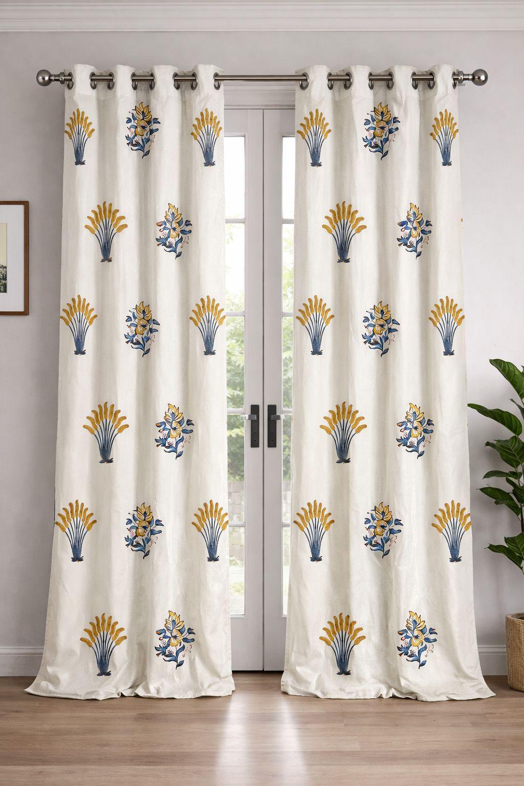 Pure cotton hand-block printed curtains (set of 2)