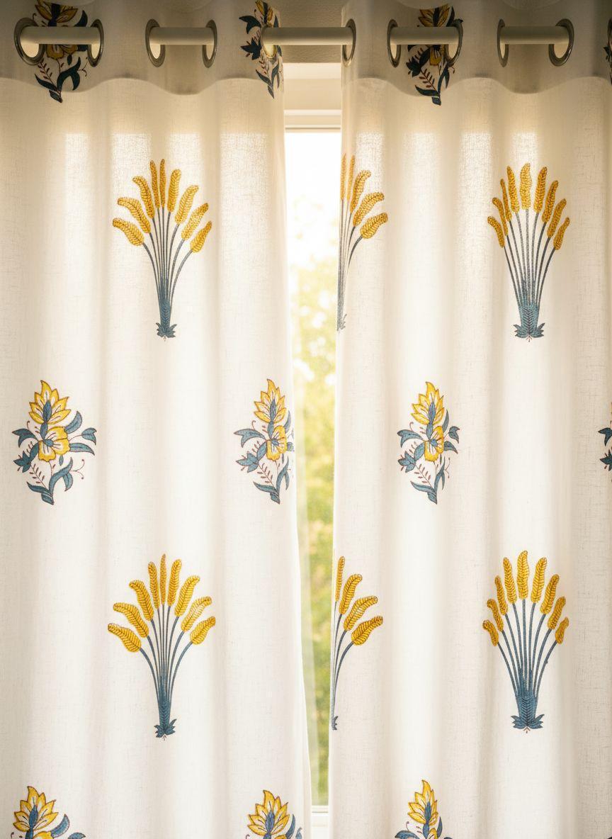 Pure cotton hand-block printed curtains (set of 2)
