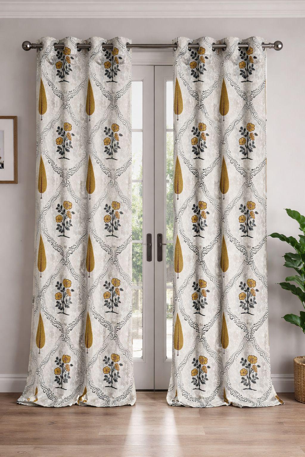 Pure cotton hand-block printed curtains (set of 2)