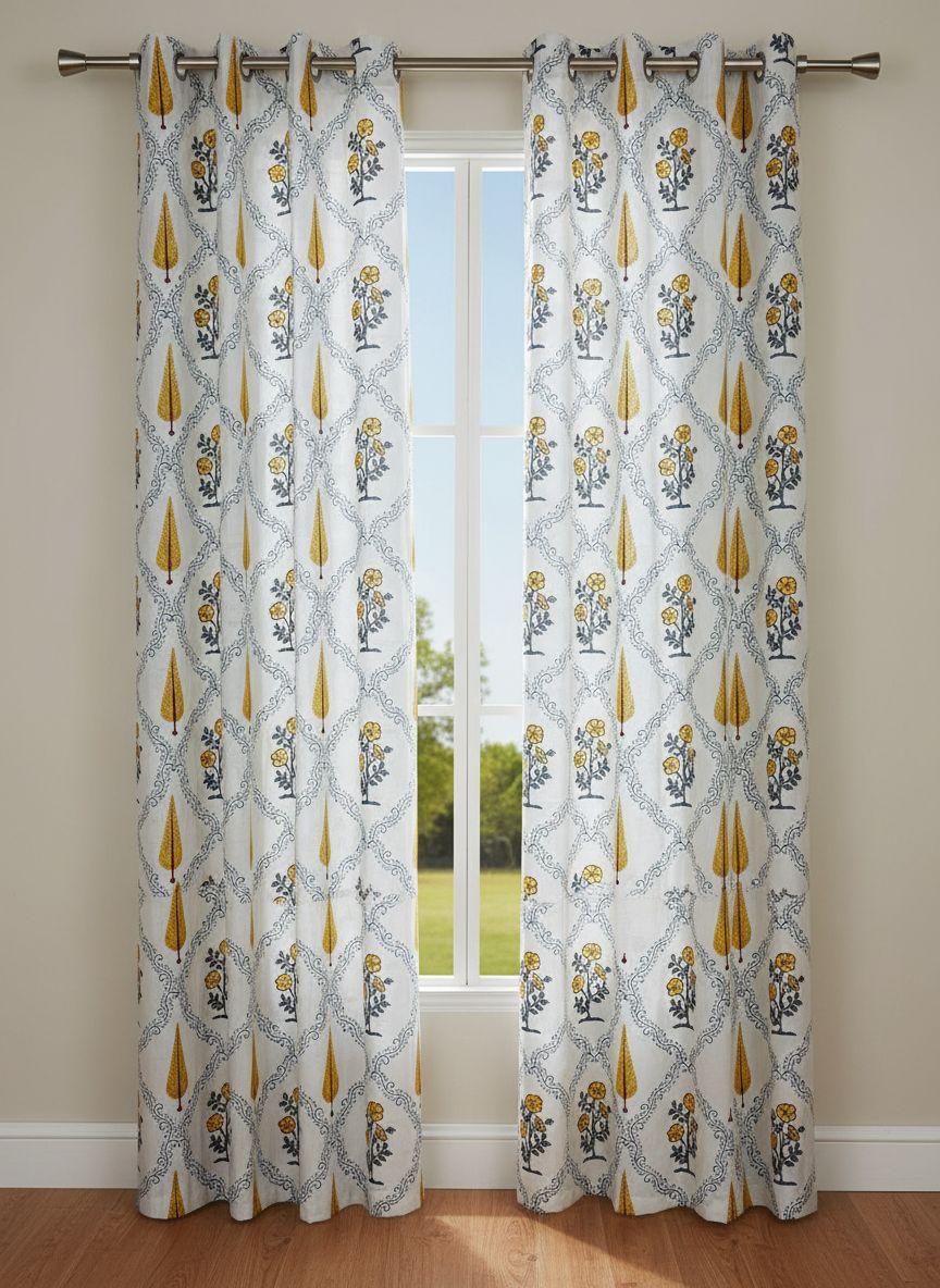 Pure cotton hand-block printed curtains (set of 2)