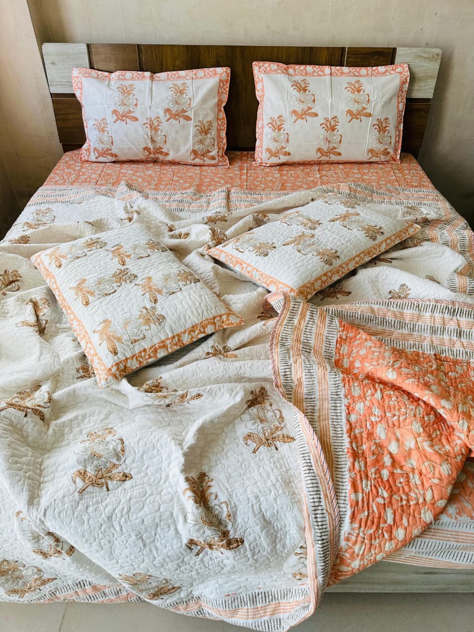 Pure cotton handblock printed king size 6 piece bedding set