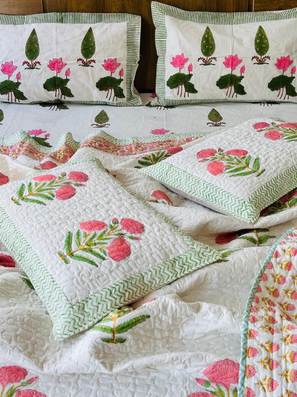 Pure cotton handblock printed king size 6 piece bedding set