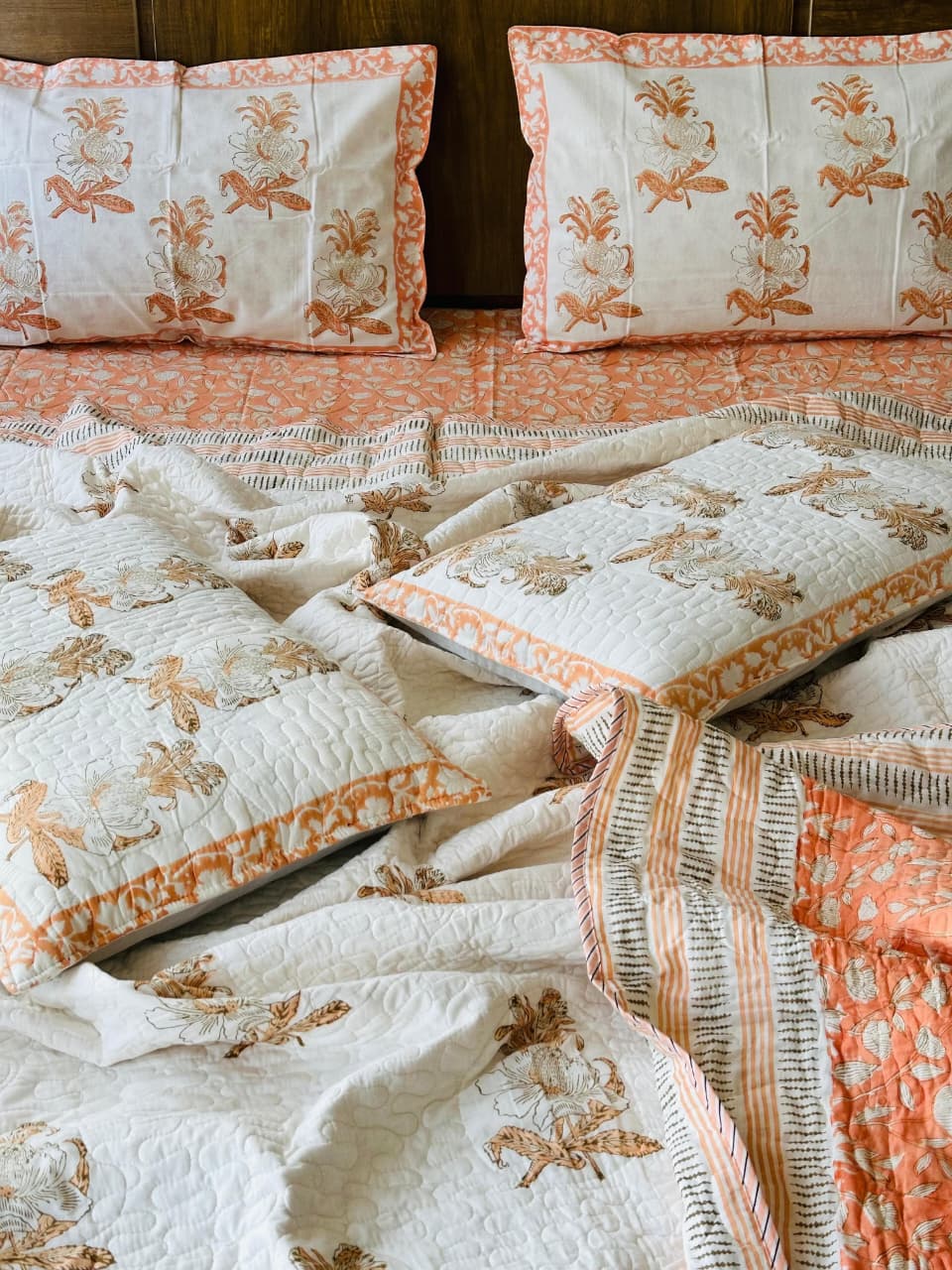 Pure cotton handblock printed king size 6 piece bedding set