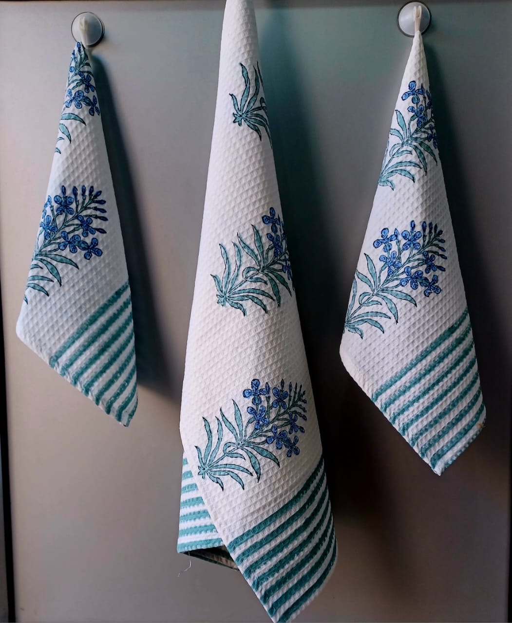 Pure cotton waffled textured hand-block printed bath combos (1 bath and 2 hand towels)