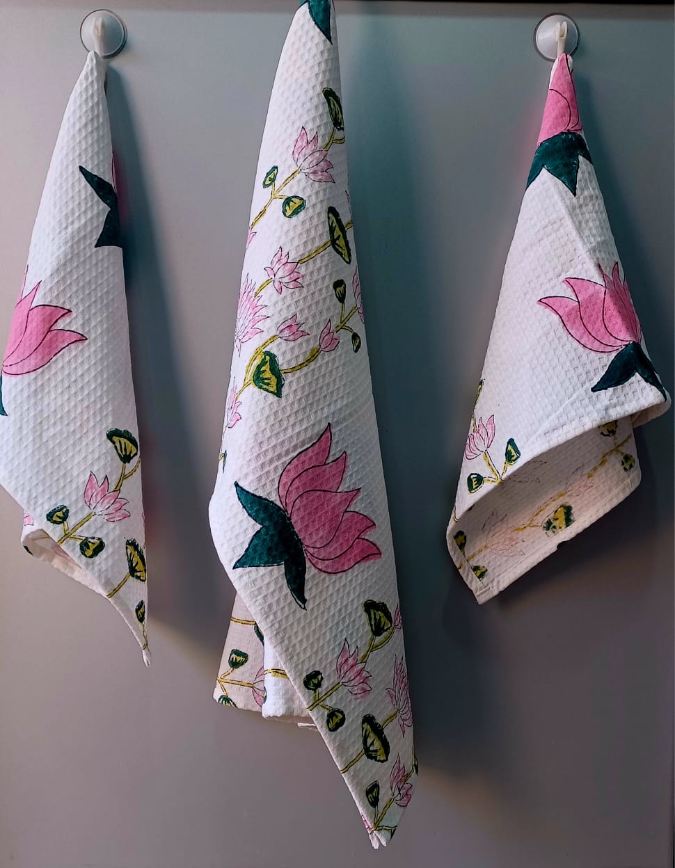 Pure cotton waffled textured hand-block printed bath combos (1 bath and 2 hand towels)