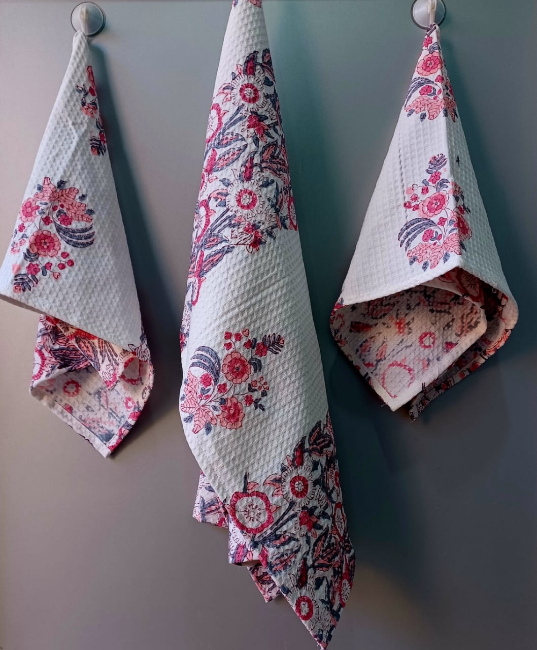 Pure cotton waffled textured hand-block printed bath combos (1 bath and 2 hand towels)