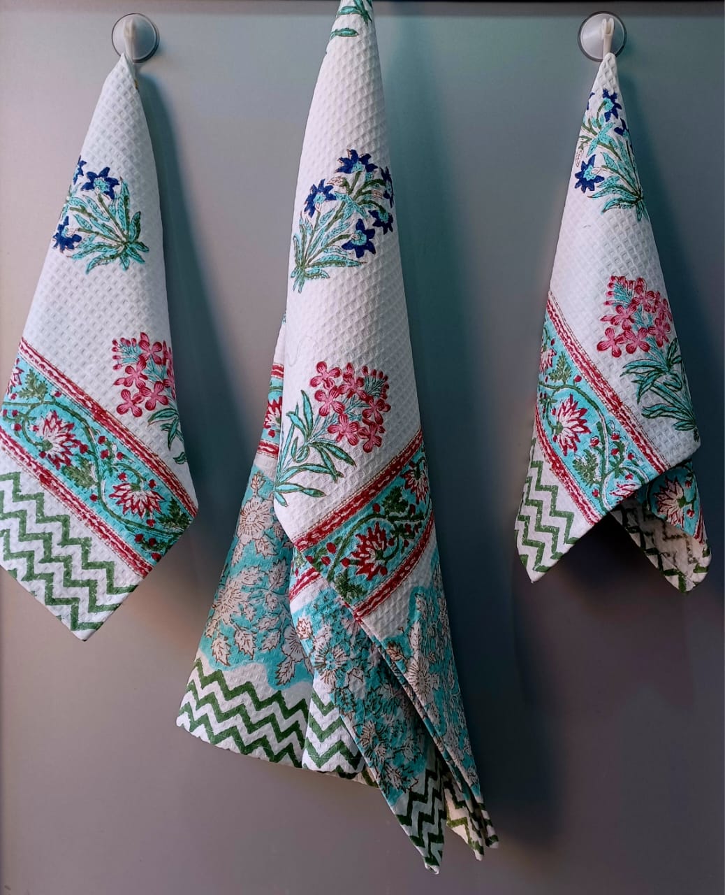 Pure cotton waffled textured hand-block printed bath combos (1 bath and 2 hand towels)