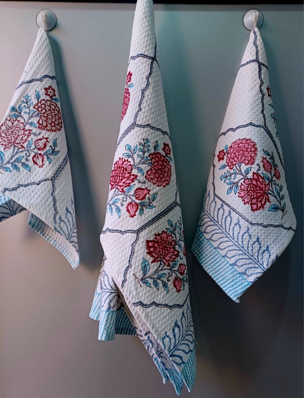 Pure cotton waffled textured hand-block printed bath combos (1 bath and 2 hand towels)