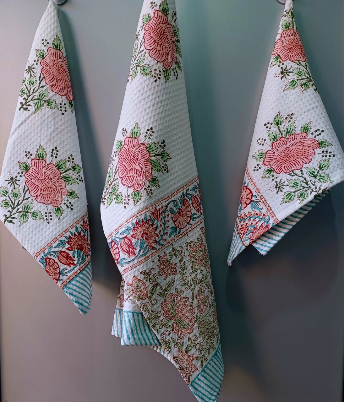 Pure cotton waffled textured hand-block printed bath combos (1 bath and 2 hand towels)