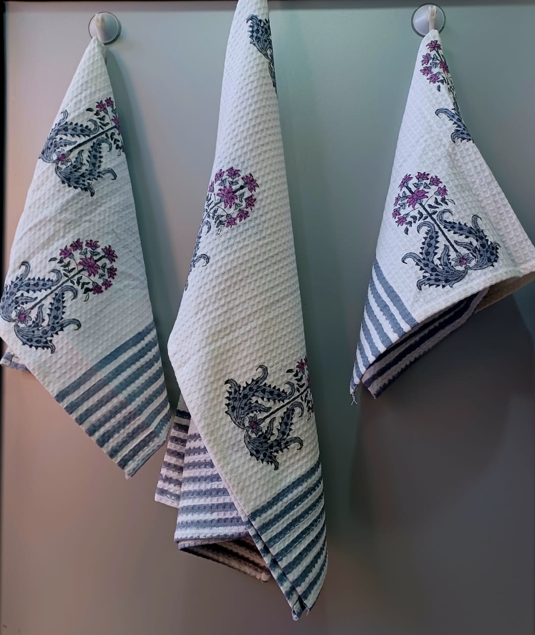 Pure cotton waffled textured hand-block printed bath combos (1 bath and 2 hand towels)