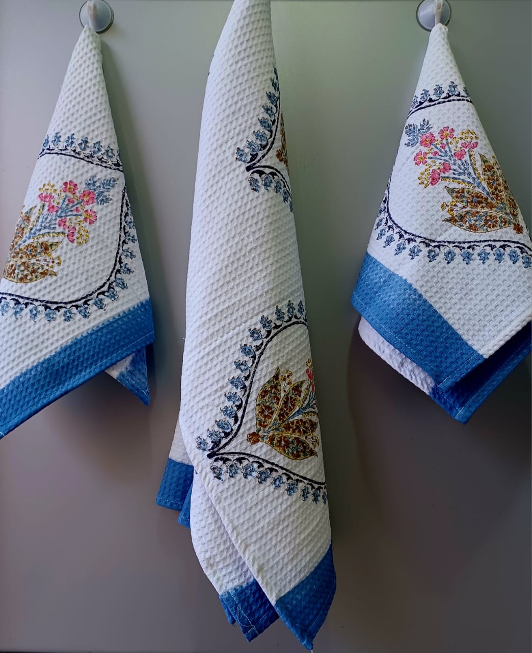 Pure cotton waffled textured hand-block printed bath combos (1 bath and 2 hand towels)