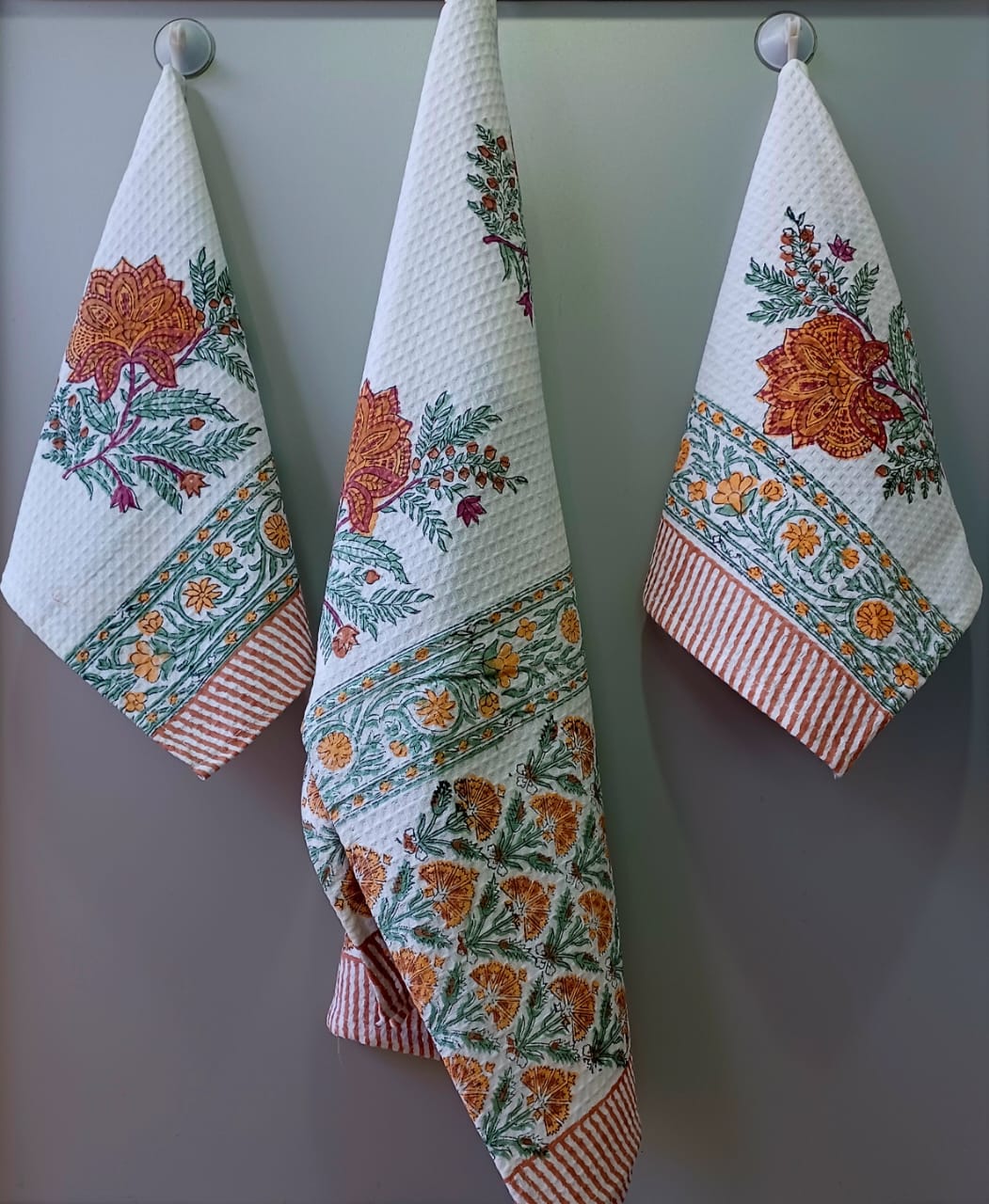 Pure cotton waffled textured hand-block printed bath combos (1 bath and 2 hand towels)