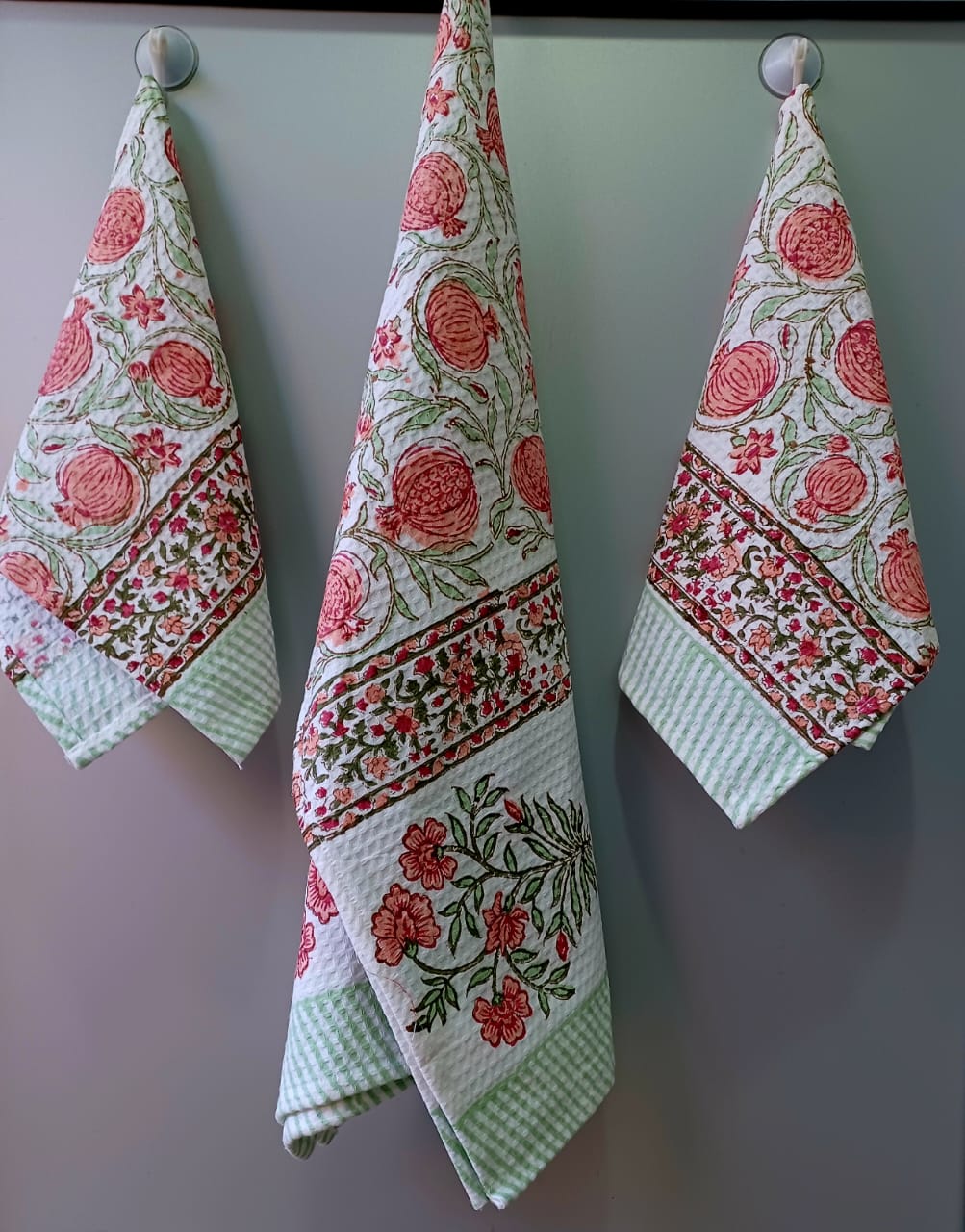 Pure cotton waffled textured hand-block printed bath combos (1 bath and 2 hand towels)