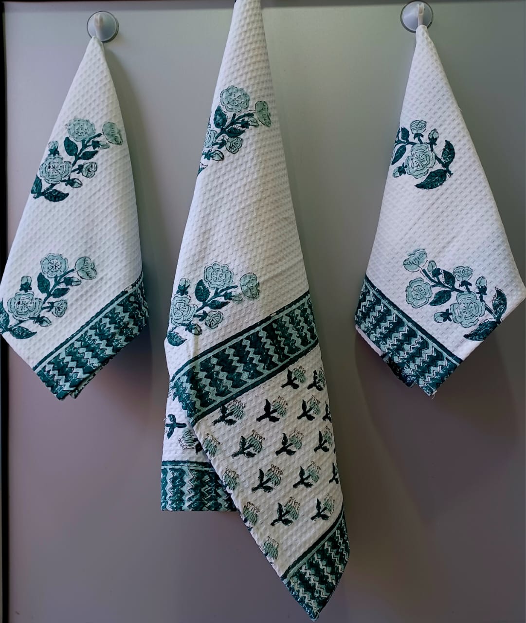Pure cotton waffled textured hand-block printed bath combos (1 bath and 2 hand towels)