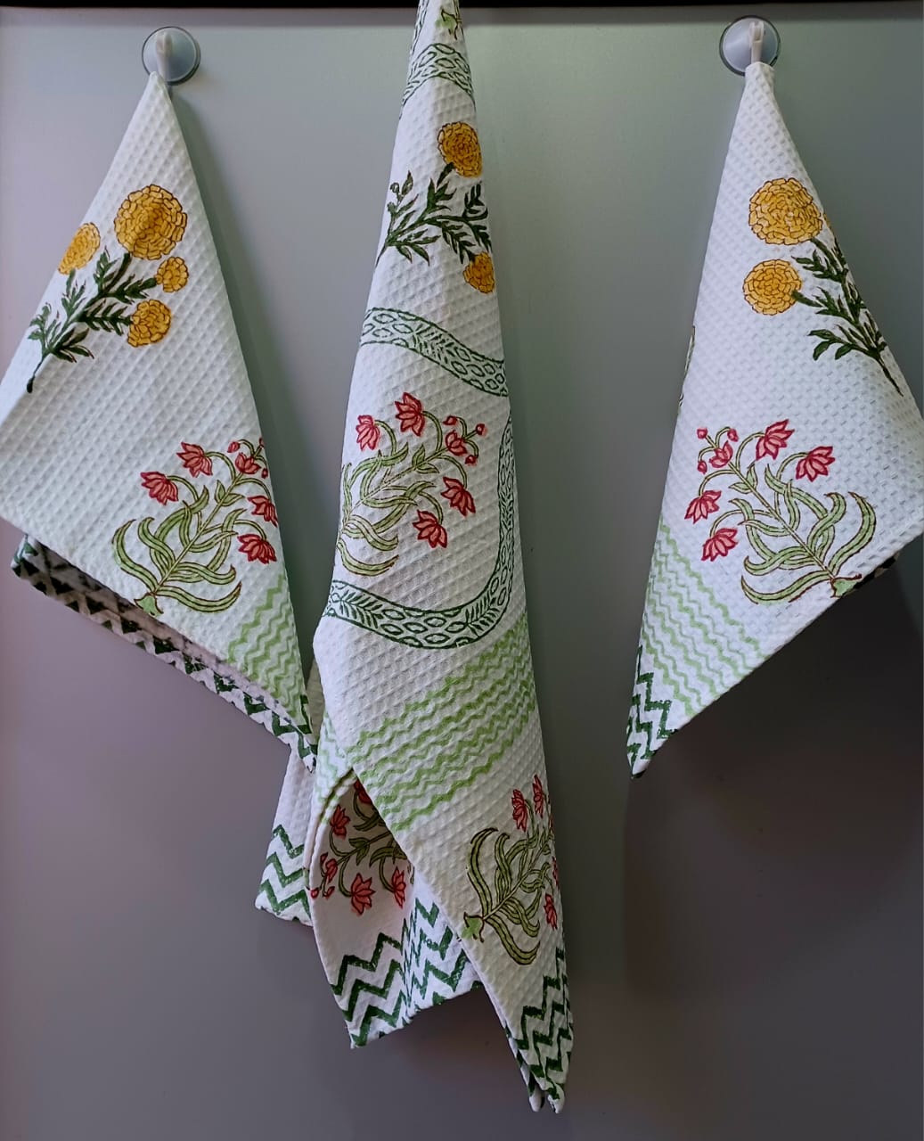 Pure cotton waffled textured hand-block printed bath combos (1 bath and 2 hand towels)